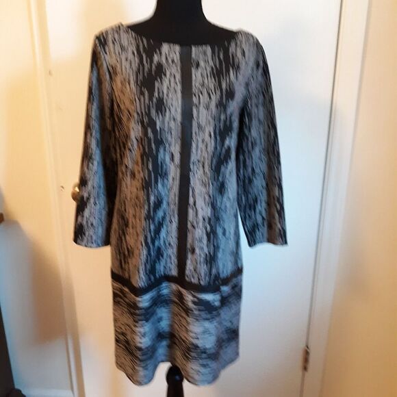 Maggy London Black White Knit Dress Faux Leather Accent Elbow Patches Size 12 - Picture 1 of 10